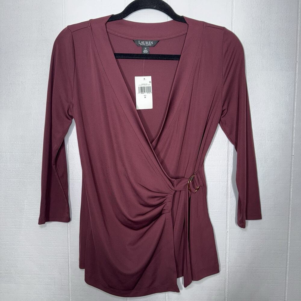 Lauren Ralph Lauren Women’s Stretch Jersey Faux Wrap Surplice Top Burgundy M NWT